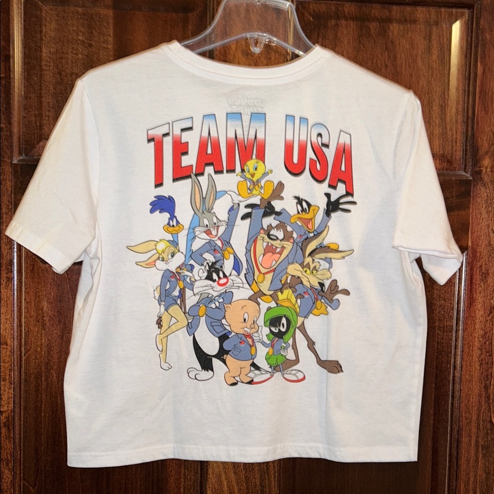 Women’s White Tee with Embroidered USA Flag and Olympic Rings - Picture 2 of 6